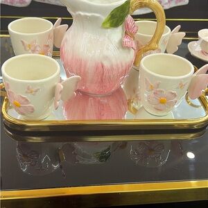 Pink Floral Ceramic Pitcher and Cup Set